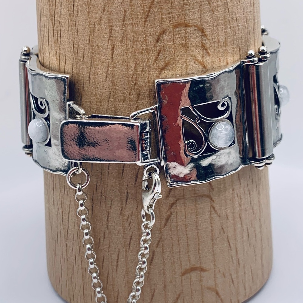 Vintage Sterling Silver Didae Panel Bracelet w/Moonstone Accents & Safety Chain - Picture 4 of 16